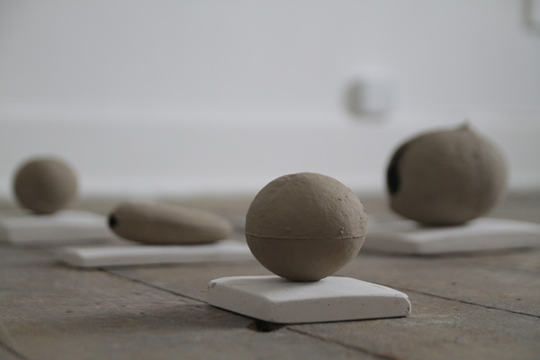 How to make a river speak? Detail Caroline Inckle 2013 Cast stones in natural clay, chalk plinths and chalk hammers.