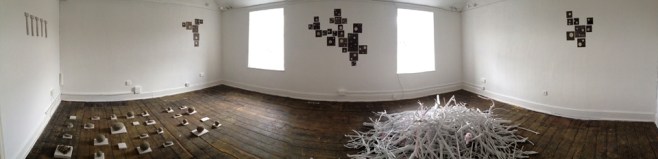 Sticks & Stones Exhibition view. From left to right. How to make a river speak? Caroline Inckle 2013 Relational Holes Caroline Inckle 2013 The Lovely Bones. Gabriele Stuckemeier 2013. Photography by Nathan Mansfield.